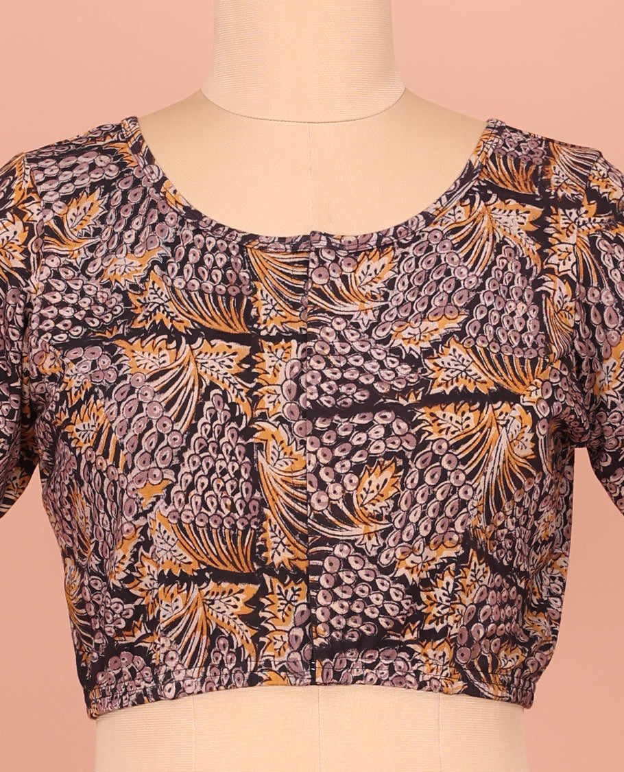 Light Black Cotton Readymade Bedecked with Flora and Geometric Design Print, Featuring a Front Round-Neck, a Back Round Neck, and Elbow Sleeves