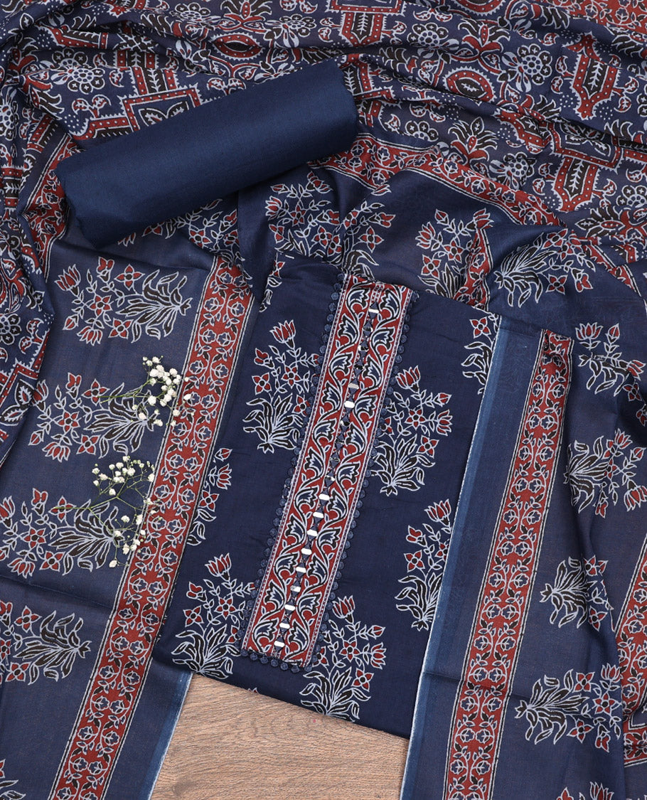Blue Material Chudidar Set, Spotlighted with Floral Printed Cotton Top, a Plain Cotton Bottom, and Paired with a Ajrakh Printed Cotton Dupatta