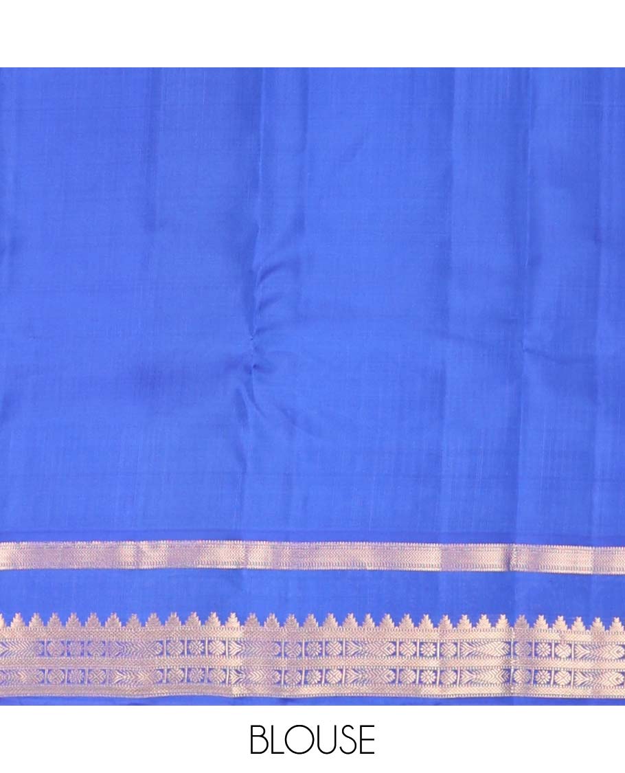 Blue zari buttas Vasundhara silk mix saree, rettai pettu border of vanki,thazampoo rekku,kuyil kann,rudraksham & meen designs & jaal pallu