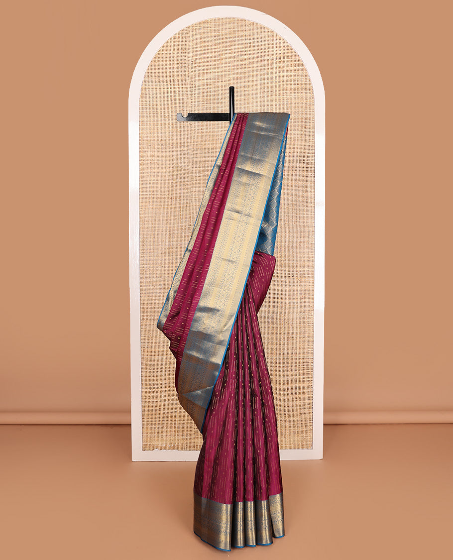 Maroon zari buttas Vasundhara silk mix, contrast border of diamond, kodi visiry, rudraksham, vanki, manga designs, and jaal pallu