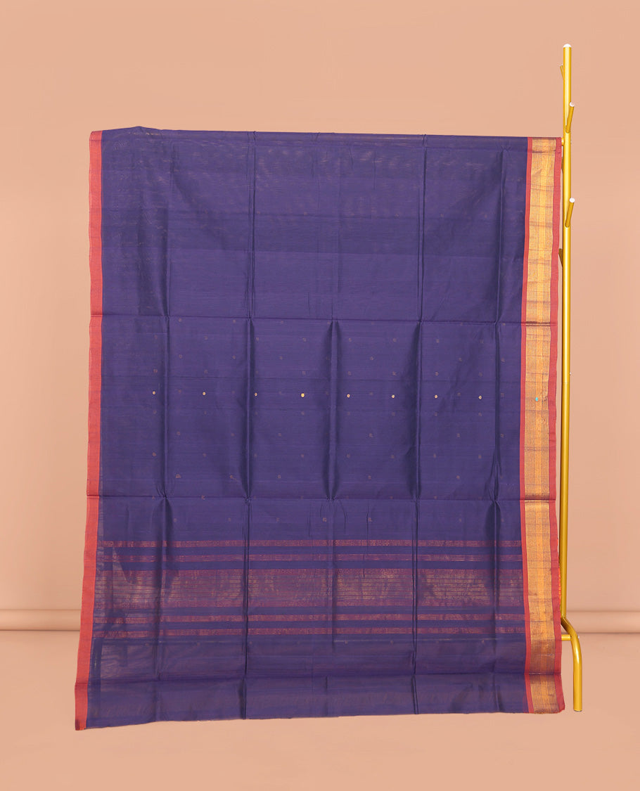 Dark Blue Venkatagiri Cotton Saree, Elevated with Buttas, a Contrast Zari-Thread Border, Pallu of Stripes, and No Blouse