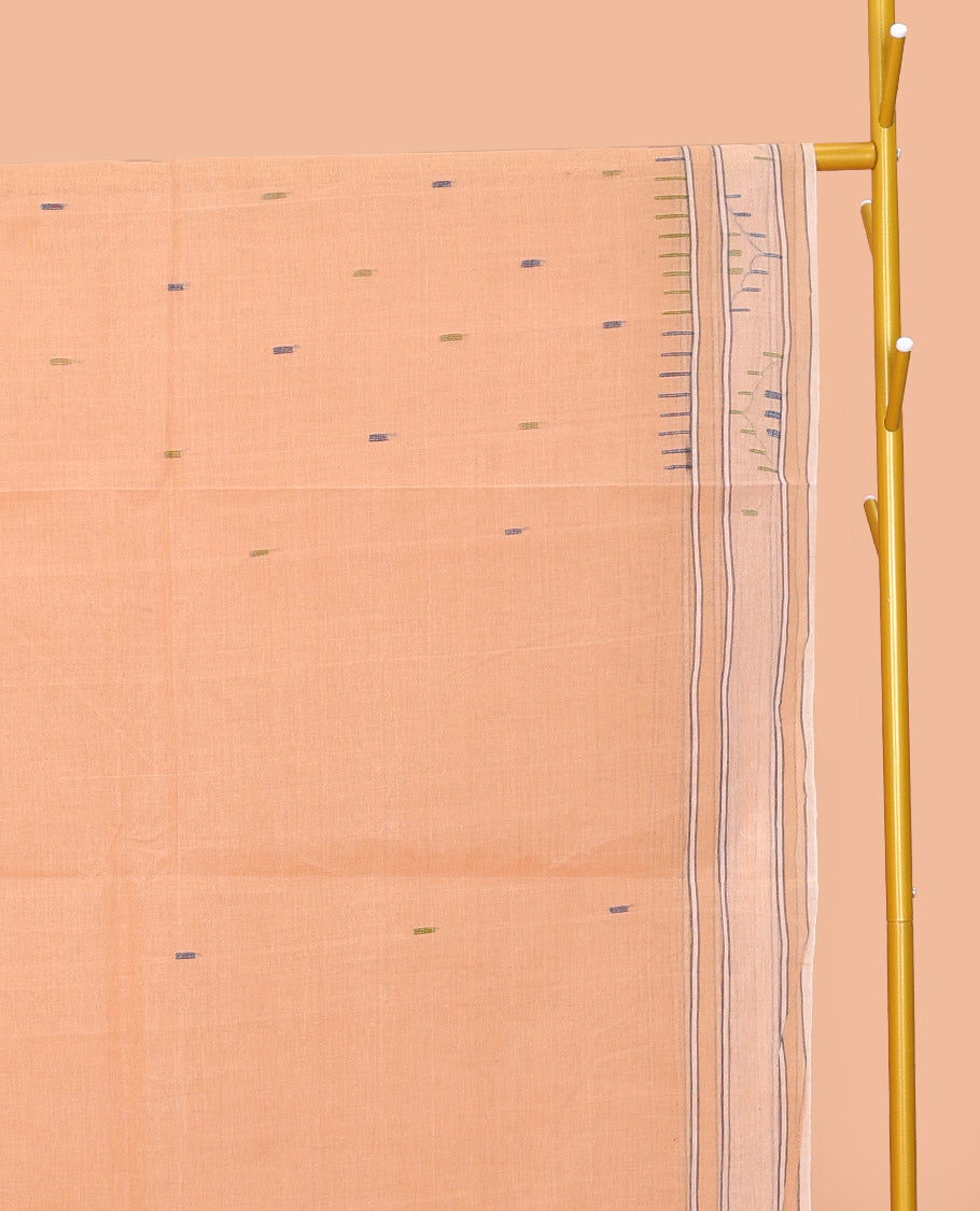 Light Orange Bengal Cotton Saree, Decorated with Thread Buttas, a Subtle Border, Pallu of Stripes and Buttas, and a Matching Blouse