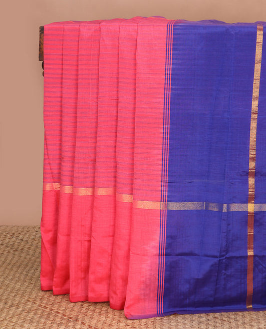 Pink striped poly cotton saree, ganga jamuna zari border & contrast zari striped pallu