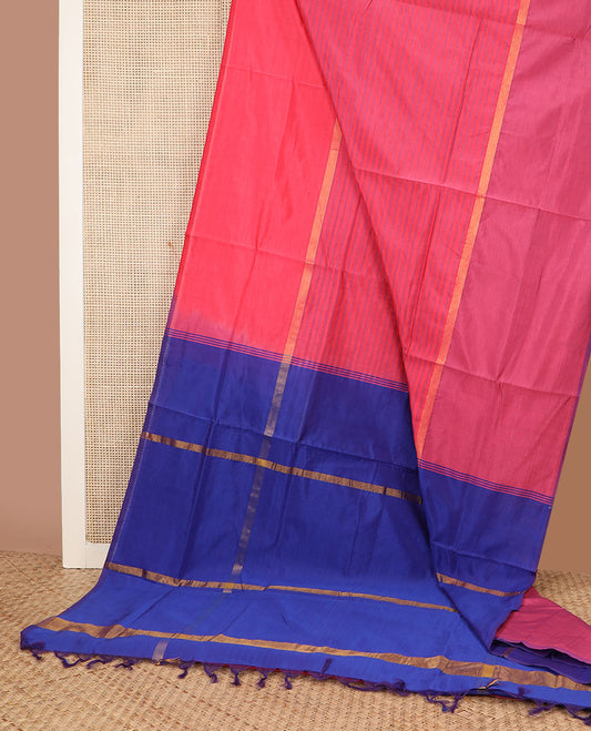 Pink striped poly cotton saree, ganga jamuna zari border & contrast zari striped pallu