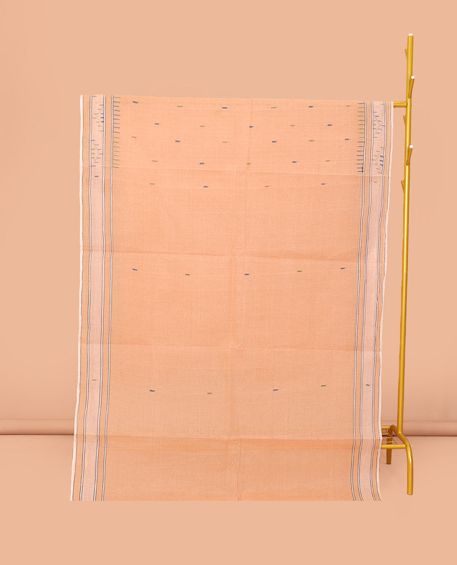 Light Orange Bengal Cotton Saree, Decorated with Thread Buttas, a Subtle Border, Pallu of Stripes and Buttas, and a Matching Blouse