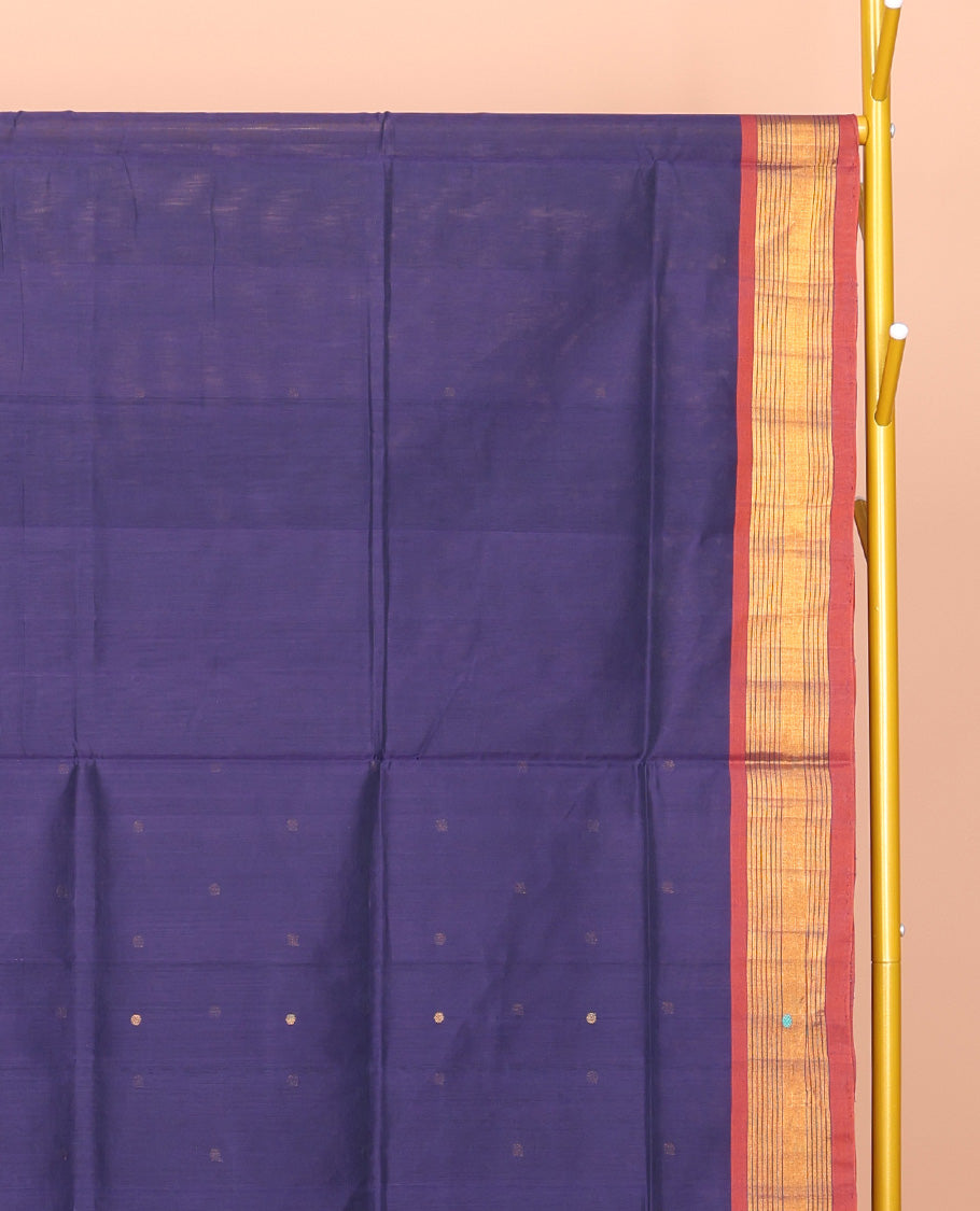 Dark Blue Venkatagiri Cotton Saree, Elevated with Buttas, a Contrast Zari-Thread Border, Pallu of Stripes, and No Blouse