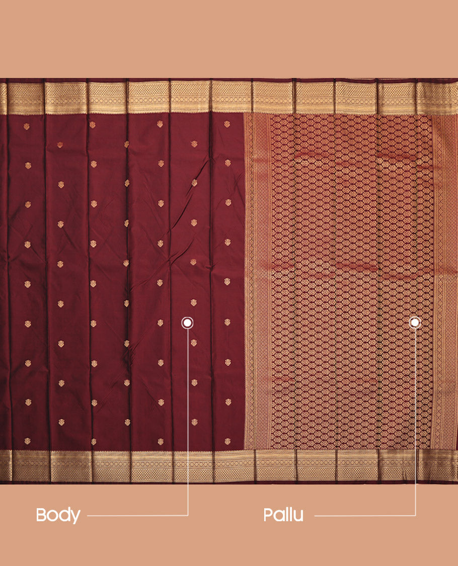 Maroon Budget Silk Saree, Delicately Woven with Zari Buttas, Highlighted by a Traditional Zari Border, Intricate Pallu, and a Matching Blouse