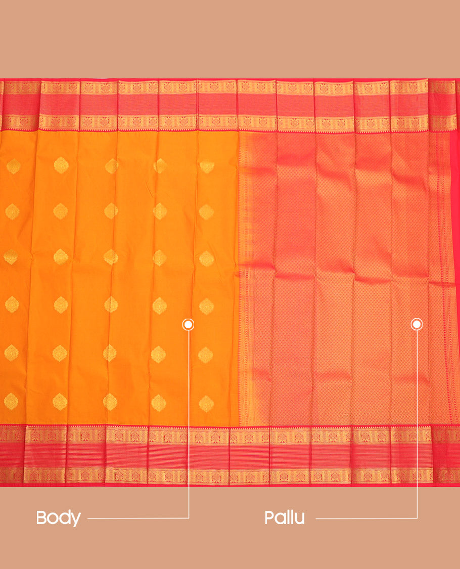 Yellow Budget Silk Saree, Styled with Zari Buttas, Complemented by a Contrast Traditional Zari Border, Grand Pallu, and a Contrast Blouse
