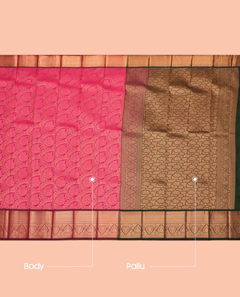 Pink Budget Silk Saree, Delicately Woven with Jacquard Design, Complemented by a Contrast Traditional Zari Border, an Intricate Pallu, and a Contrast Blouse
