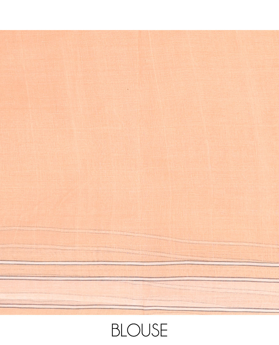 Light Orange Bengal Cotton Saree, Decorated with Thread Buttas, a Subtle Border, Pallu of Stripes and Buttas, and a Matching Blouse