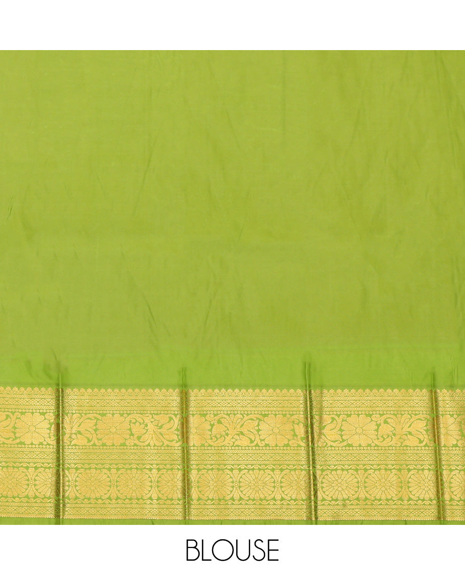 Mustard Budget Silk Saree, Detailed with Zari Buttas, Complemented by Contrast Traditional Zari Border, a Grand Pallu and a Contrast Blouse