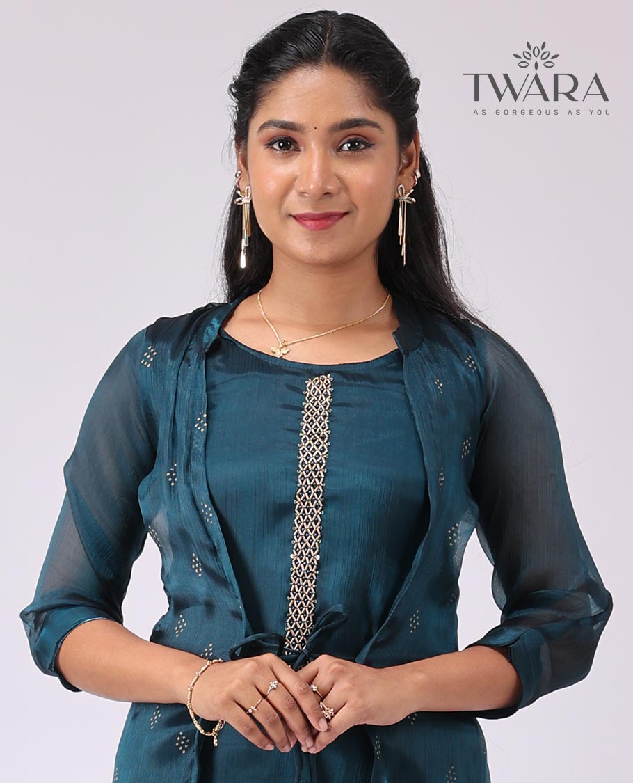 Twara blue geometric embroidered round neck 3/4 th sleeve bleow knee lenght with over coat