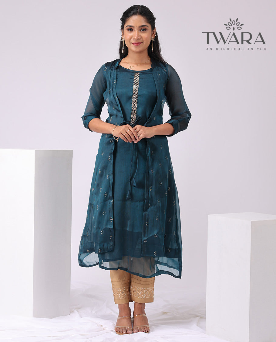 Twara blue geometric embroidered round neck 3/4 th sleeve bleow knee lenght with over coat