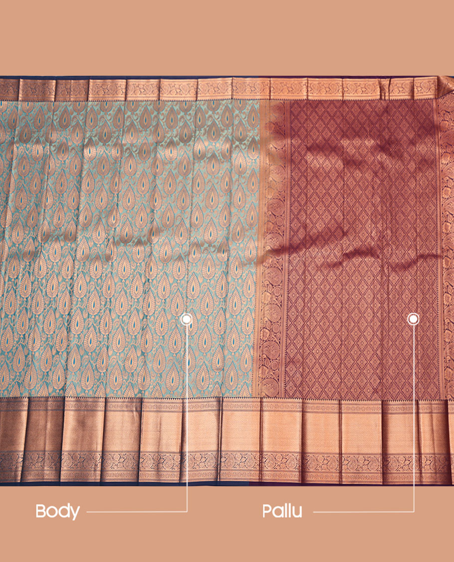 Blue Budget Silk Saree, Gleamed Up with Jacquard Design, Complemented by a Contrast Traditional Zari Border, Jaal Pallu, and Contrast Blouse