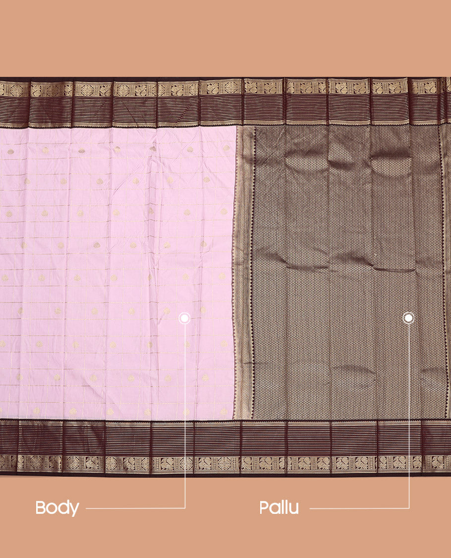 Baby Pink Budget Silk Saree, Embellished with Zari Butta Enclosed Checks on Its Body, Complemented by a Contrast Traditional Zari Design Border, Grand Jaal Pallu, and Paired with a Contrast Blouse