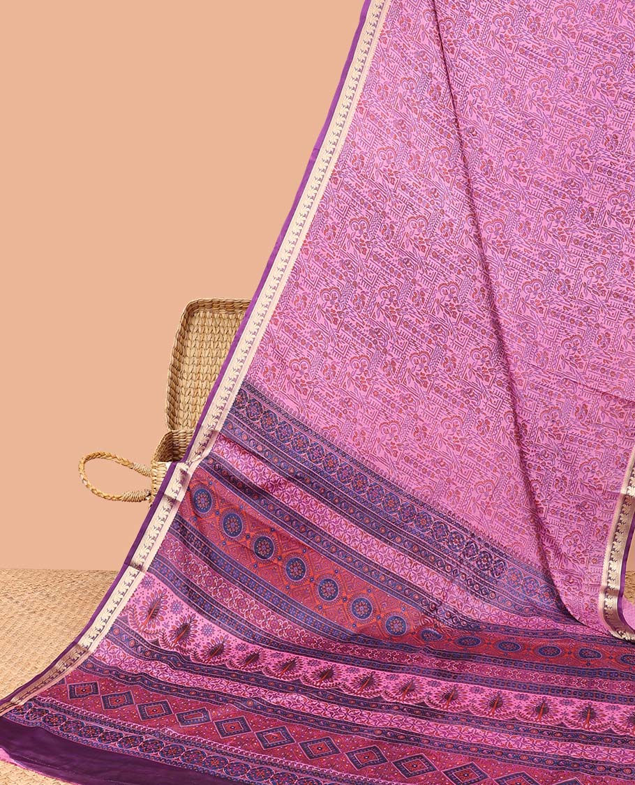 Lavender intricately printed semi-banaras printed saree, contrast floral border & intricate pallu