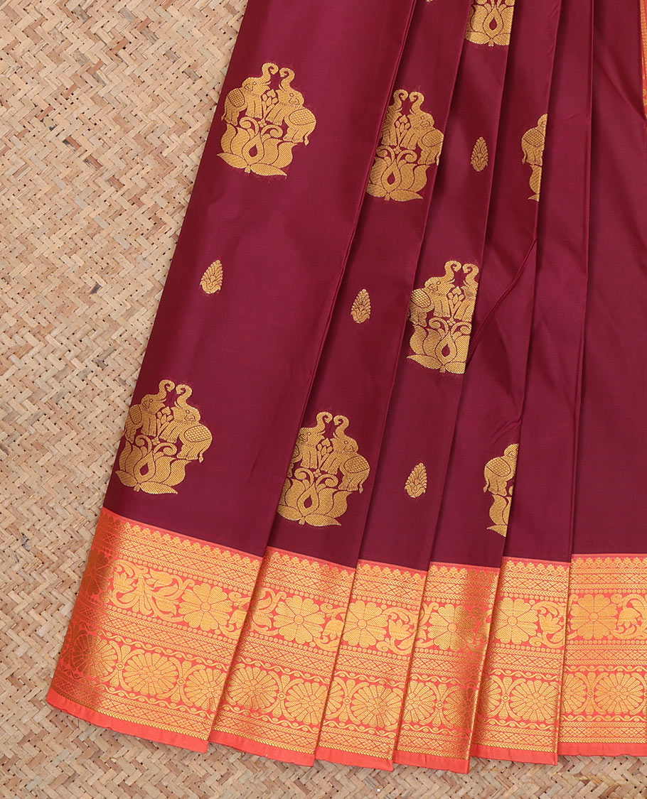 Maroon Budget Silk Saree, Styled with Zari Buttas, Complemented by Contrast Traditional Zari Border, a Grand Pallu and a Contrast Blouse