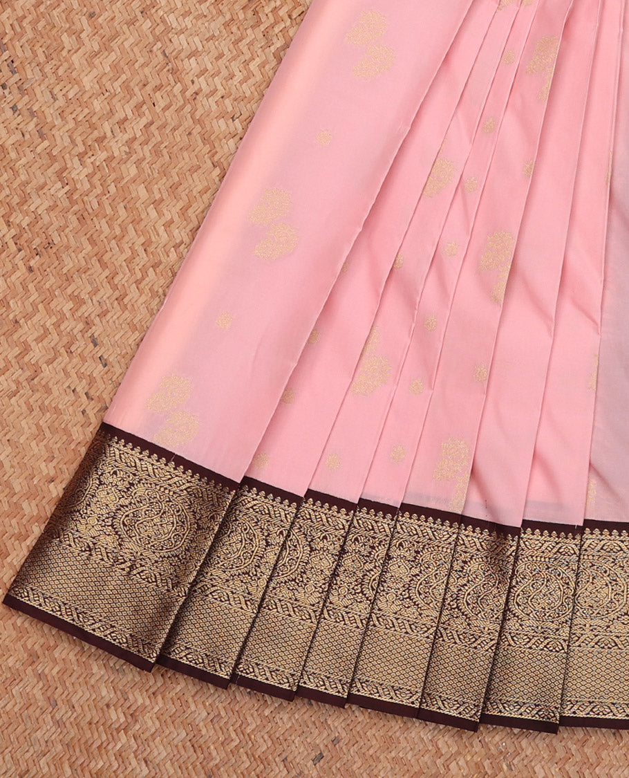 Pale Pink Budget Silk Saree, Accentuated with Buttas, Complemented by a Contrast Traditional Zari Border, Grand Pallu, and Contrast Blouse