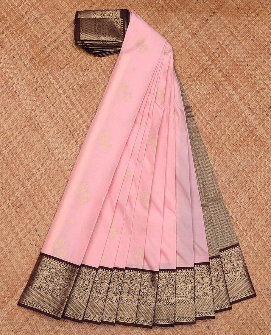 Pale Pink Budget Silk Saree, Accentuated with Buttas, Complemented by a Contrast Traditional Zari Border, Grand Pallu, and Contrast Blouse