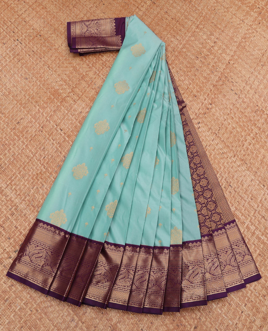 Pale Blue Budget Silk Saree, Subtly Sparkled with Zari Buttas, Complemented by a Contrast Traditional Zari Border, Jaal Pallu, and a Contrast Blouse