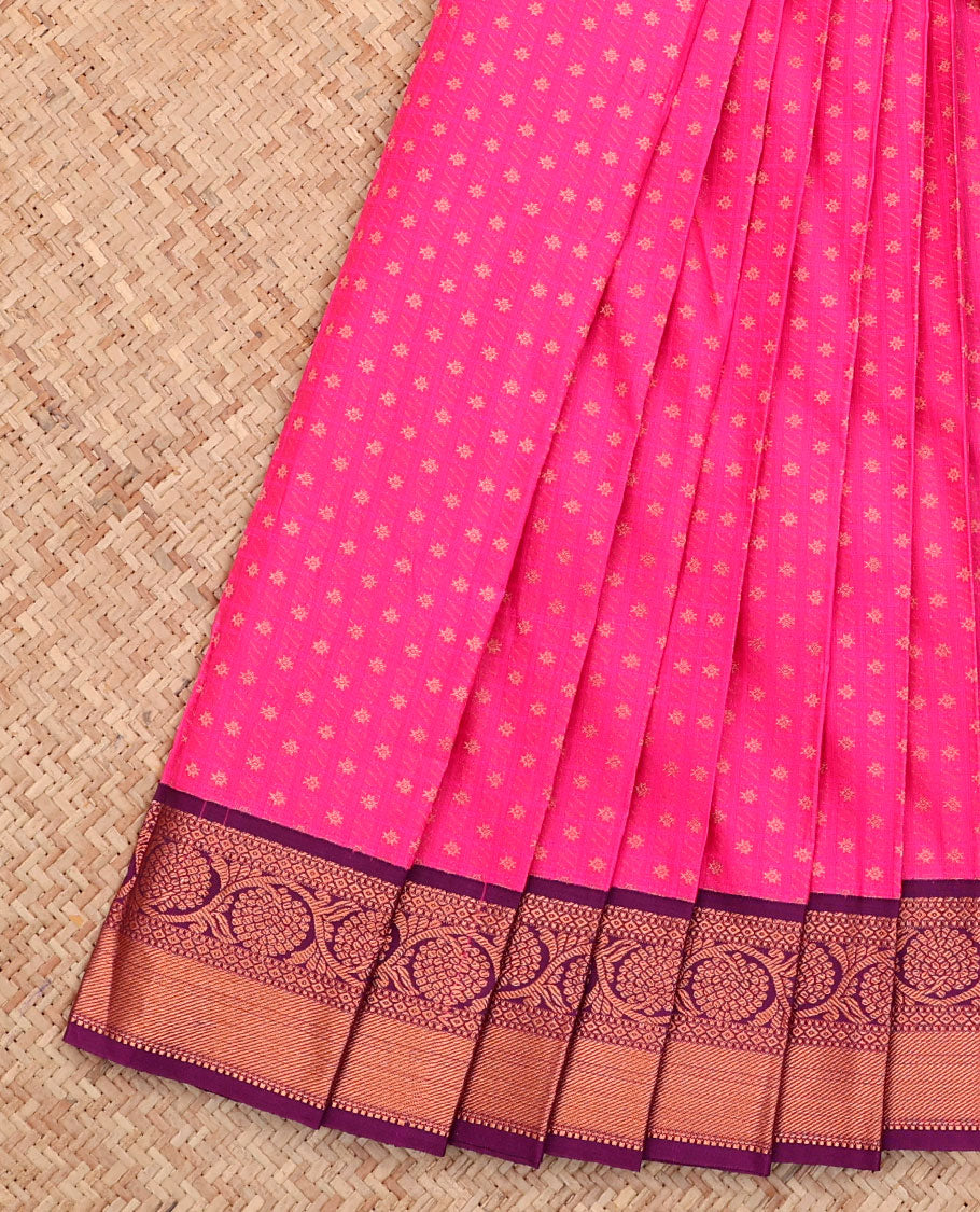 Pink Budget Silk Saree, Adorned with Buttas All Over Its Body, Complemented by a Contrast Traditional Zari Border of Floral Creeper Designs, Intricately Designed Pallu, and Paired with a Contrast Blouse