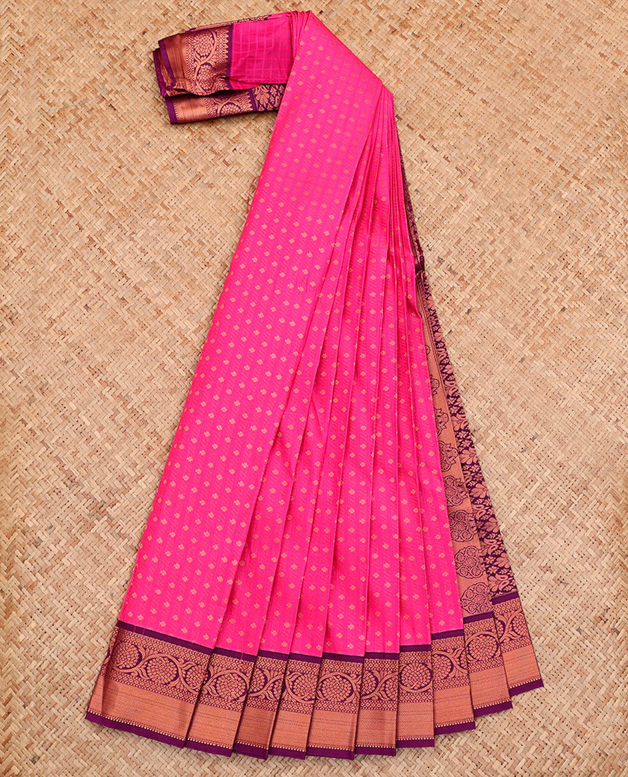 Pink Budget Silk Saree, Adorned with Buttas All Over Its Body, Complemented by a Contrast Traditional Zari Border of Floral Creeper Designs, Intricately Designed Pallu, and Paired with a Contrast Blouse