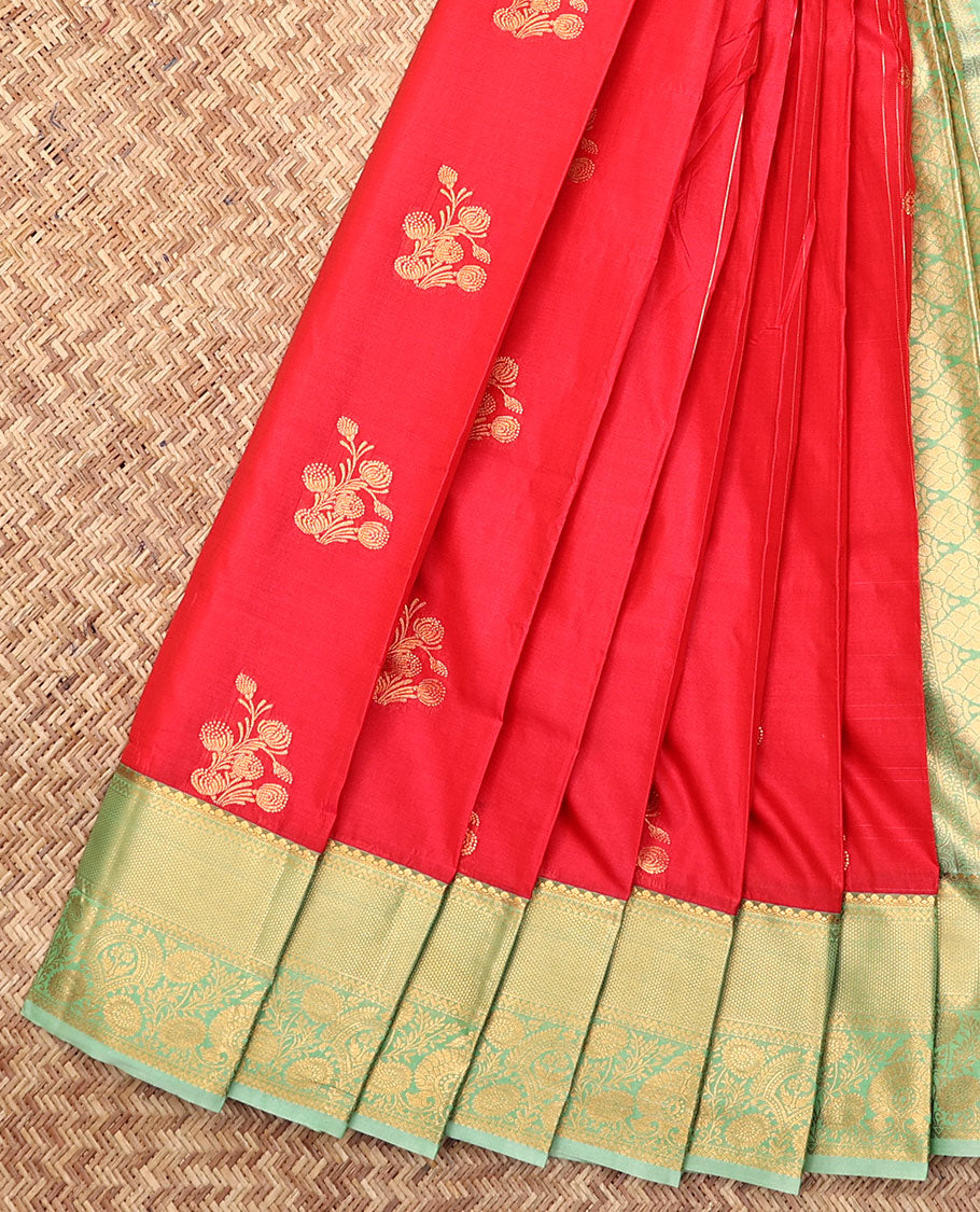 Red Budget Silk Saree, Decked Up with Zari Buttas and Stripes, Complemented by Contrast Traditional Zari Border, a Grand Jaal Pallu and a Contrast Blouse