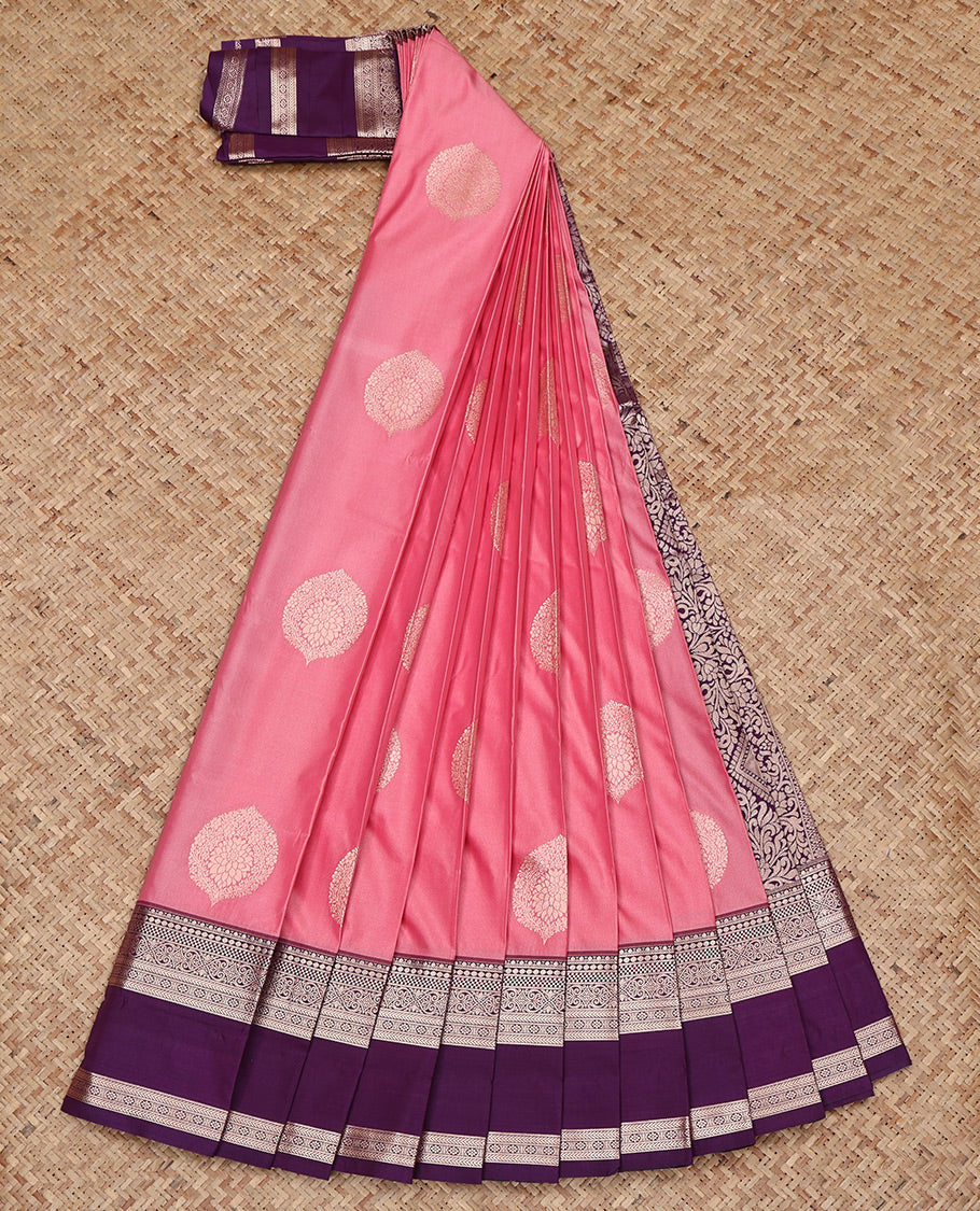 Pink Budget Silk Saree, Elevated with Zari Buttas All Over Its Body, Complemented by a Contrast Traditional Zari Design Rettai Pettu Border, Intricate Pallu, and Paired with a Contrast Blouse