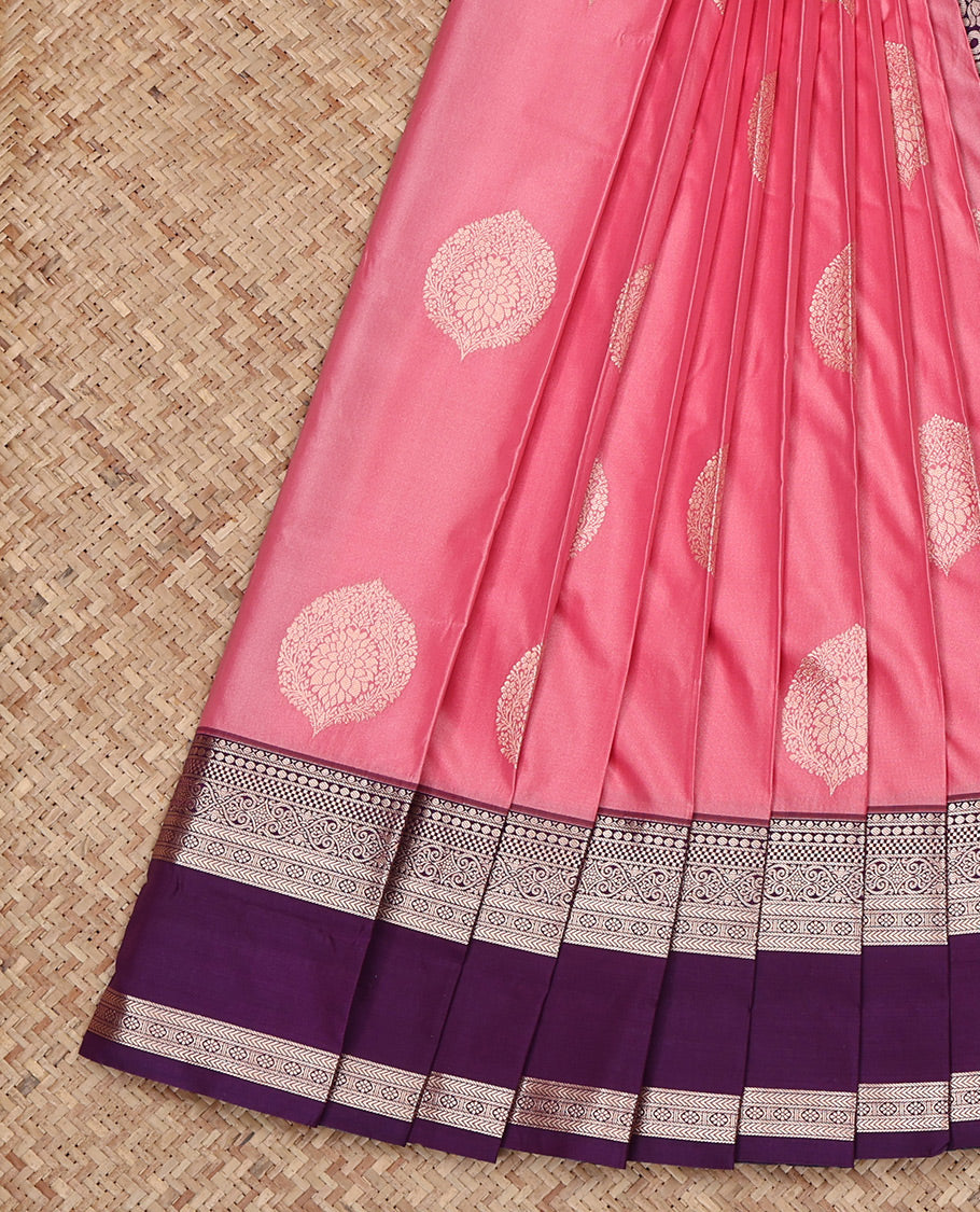 Pink Budget Silk Saree, Elevated with Zari Buttas All Over Its Body, Complemented by a Contrast Traditional Zari Design Rettai Pettu Border, Intricate Pallu, and Paired with a Contrast Blouse
