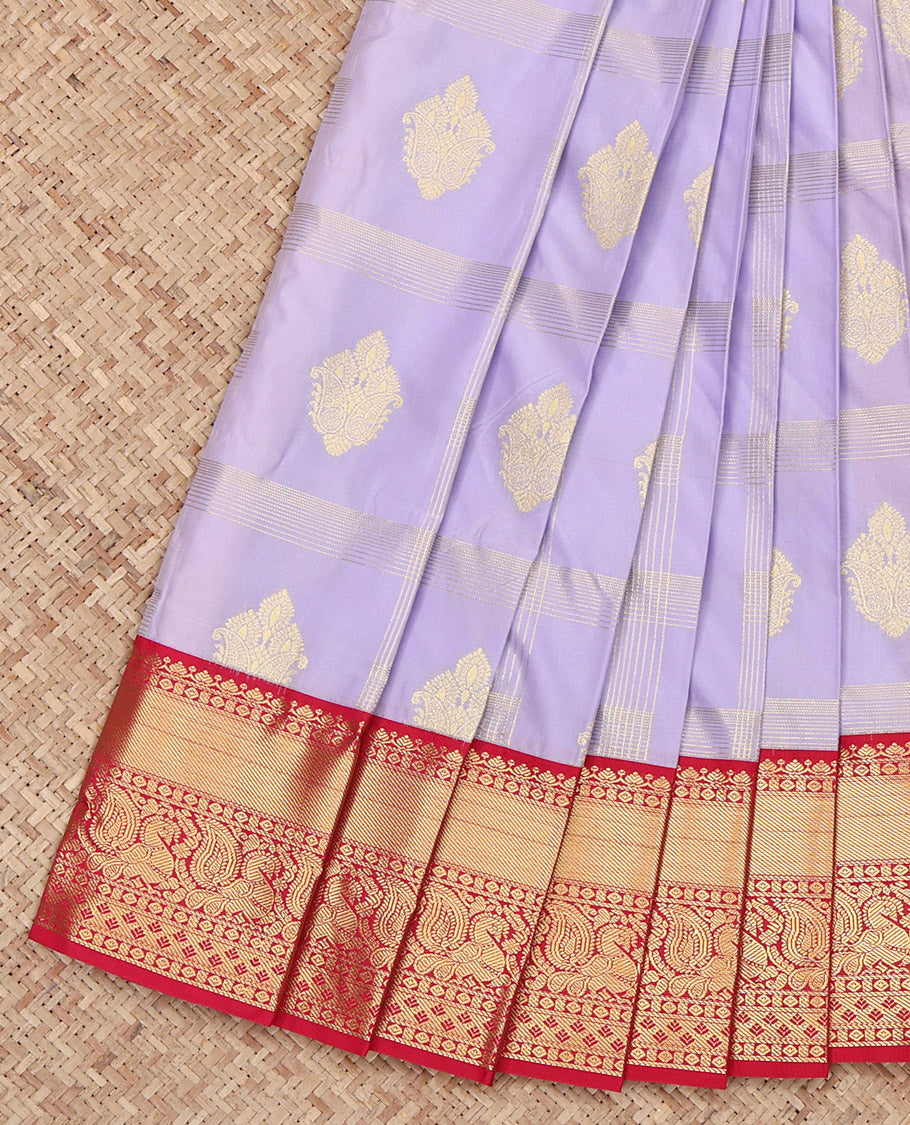 Lavender Budget Silk Saree, Delicately Woven with Zari Buttas Enclosed Checks All Over Its Body, Complemented by Contrast Traditional Zari Border of Peacock Designs, Grand Pallu, and Paired with a Contrast Blouse