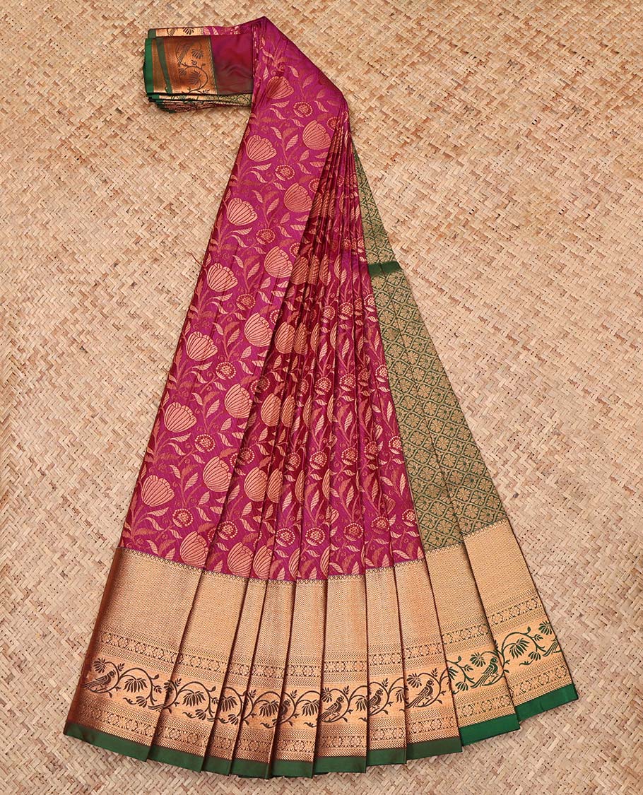 Pink Budget Silk Saree, Artfully Detailed with Jacquard Design, Complemented by a Contrast Traditional Zari Border, Jaal Pallu, and a Contrast Blouse