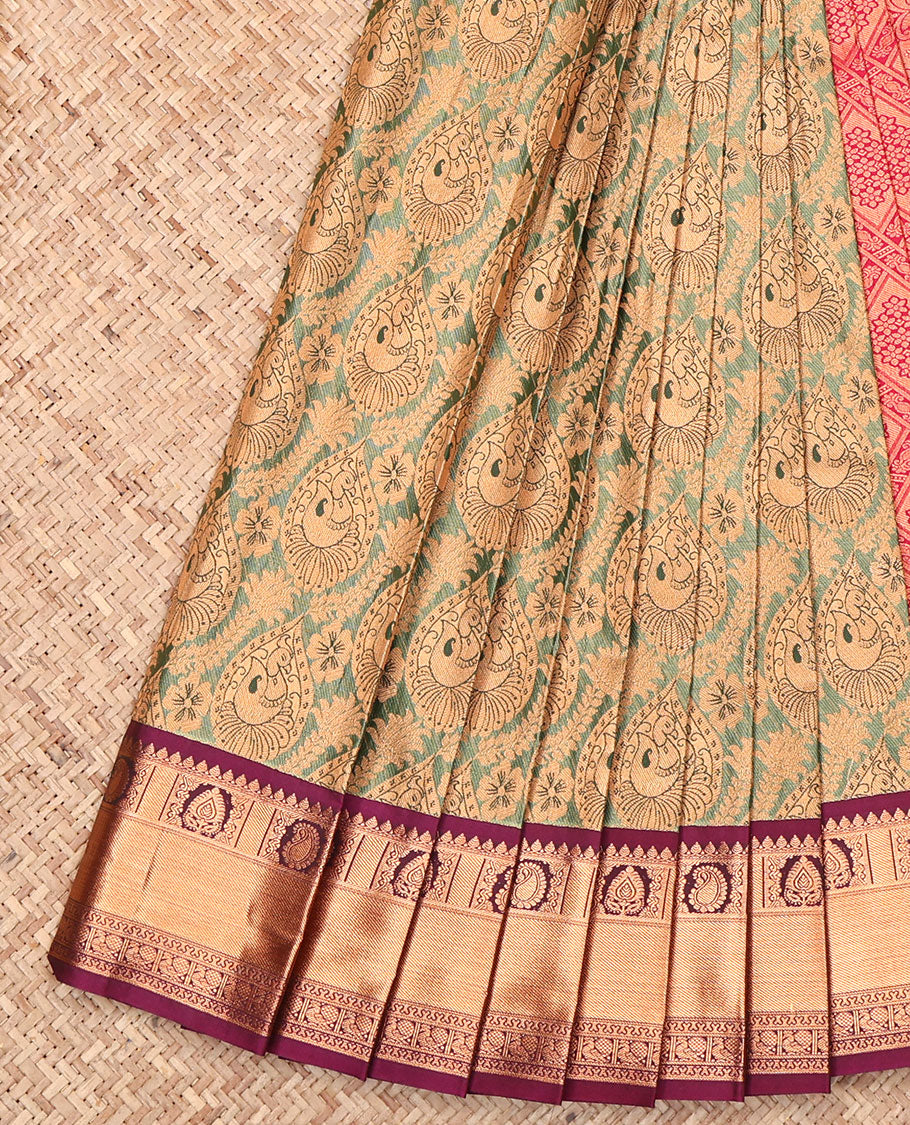 Green Budget Silk Saree, Decorated with Jacquard Design, Complemented by a Contrast Traditional Zari Border, Jaal Pallu, and Contrast Blouse