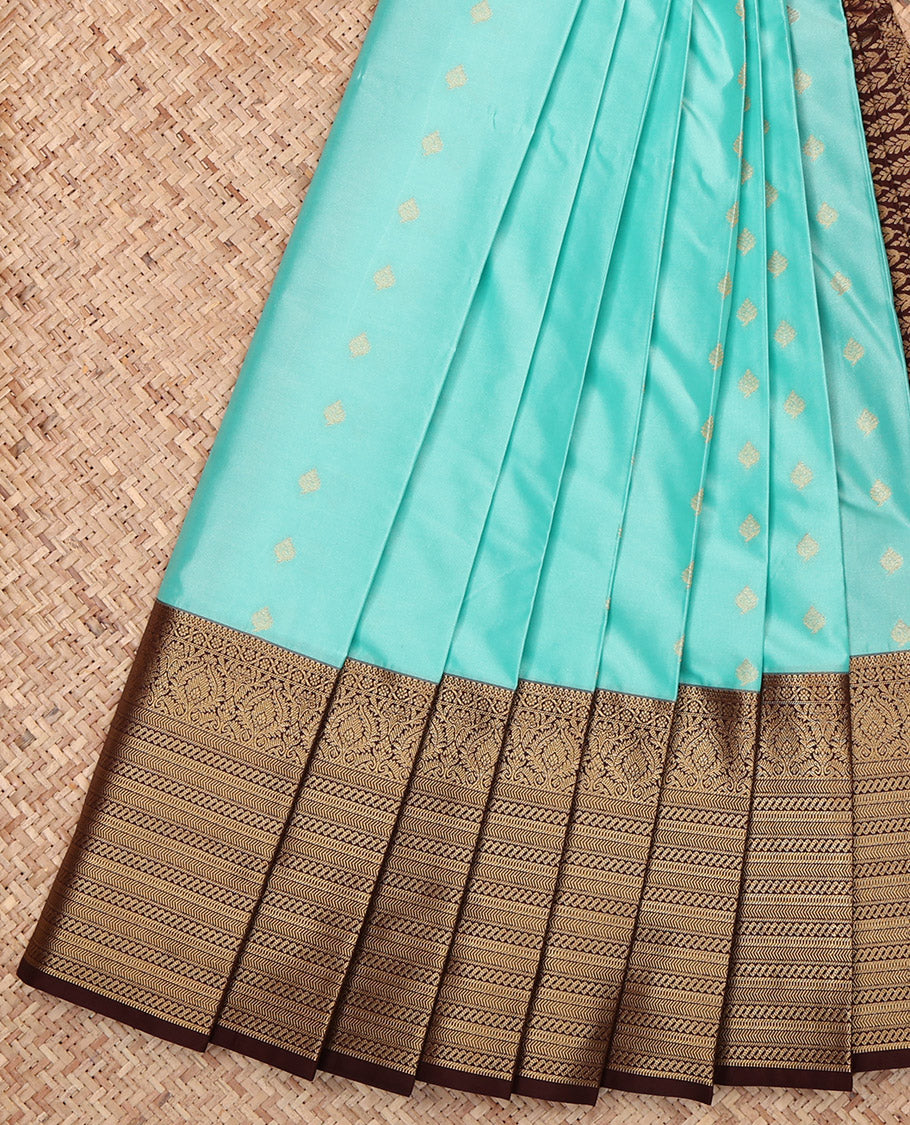Turquoise Budget Silk Saree, Woven with Zari Buttas, Complemented by a Contrast Traditional Zari Border, Jaal Pallu, and a Contrast Blouse