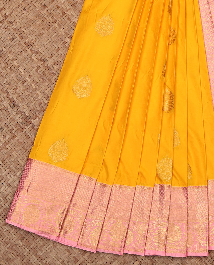 Yellow Budget Silk Saree, Sparsely Woven with Zari Buttas, Complemented by a Contrast Traditional Border, Grand Pallu, and a Contrast Blouse