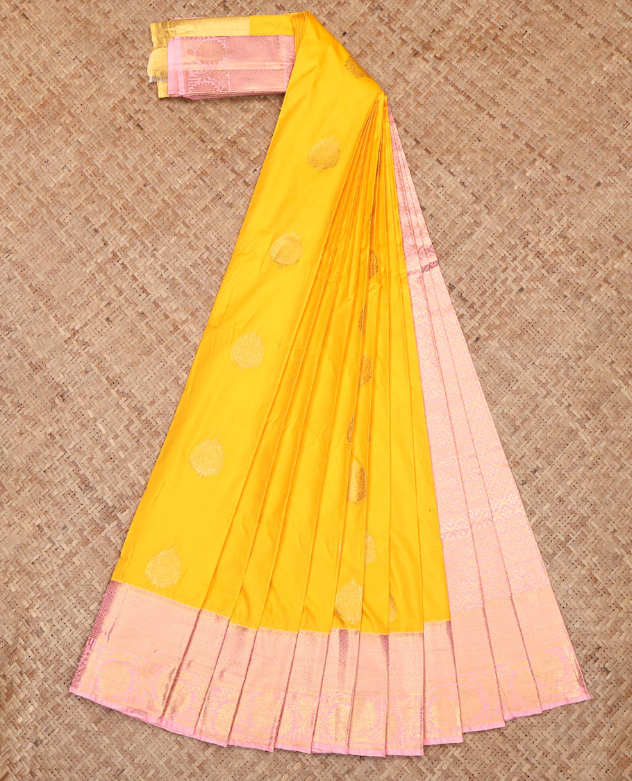 Yellow Budget Silk Saree, Sparsely Woven with Zari Buttas, Complemented by a Contrast Traditional Border, Grand Pallu, and a Contrast Blouse