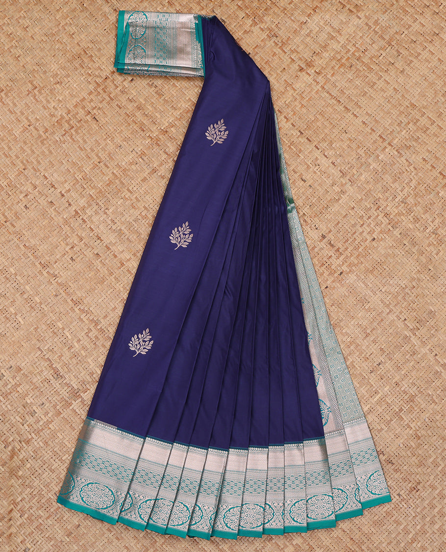 Navy Blue Budget Silk Saree, Gleamed Up with Zari Buttas, Complemented by a Contrast Traditional Zari Border, Grand Pallu, and a Contrast Blouse