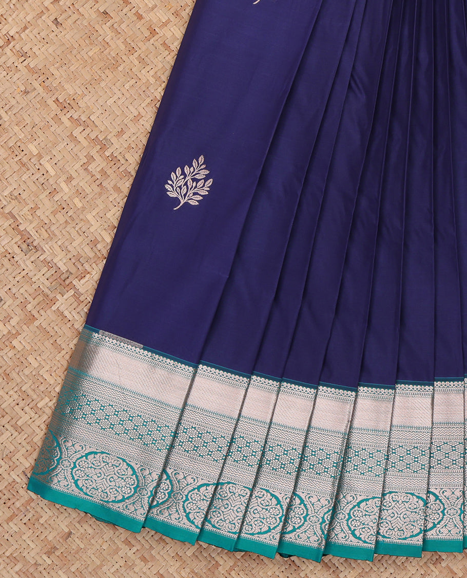 Navy Blue Budget Silk Saree, Gleamed Up with Zari Buttas, Complemented by a Contrast Traditional Zari Border, Grand Pallu, and a Contrast Blouse