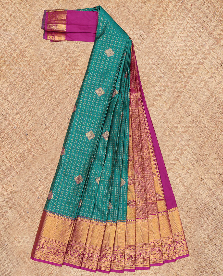 Green Budget Silk Saree, Highlighted with Zari Buttas, a Contrast Traditional Zari Border, Grand Pallu, and a Contrast Blouse