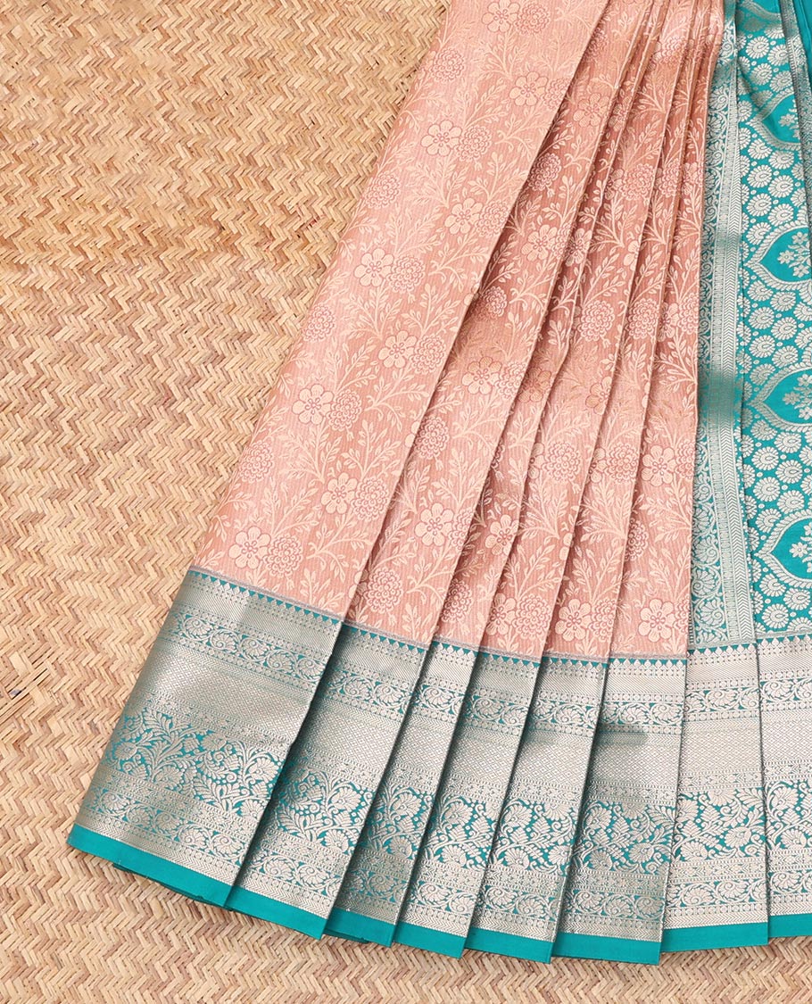 Light Peach Budget Silk Saree, Showcasing Jacquard Design, Complemented by Contrast Traditional Zari Border, a Grand Pallu and a Contrast Blouse