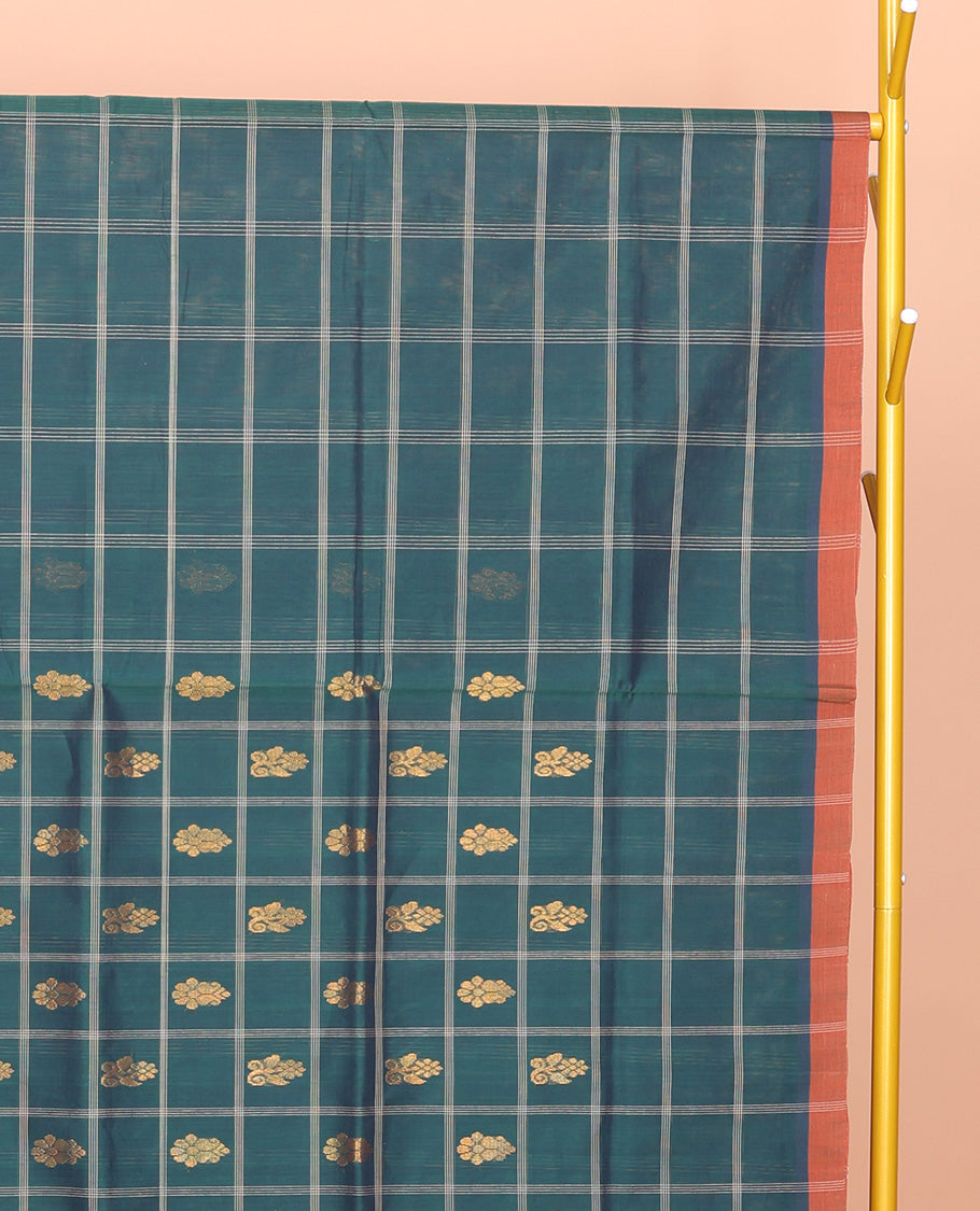 Teal Venkatagiri Cotton Saree Features Buttas, a Contrast Zari-Thread Border, Pallu of Stripes, and No Blouse