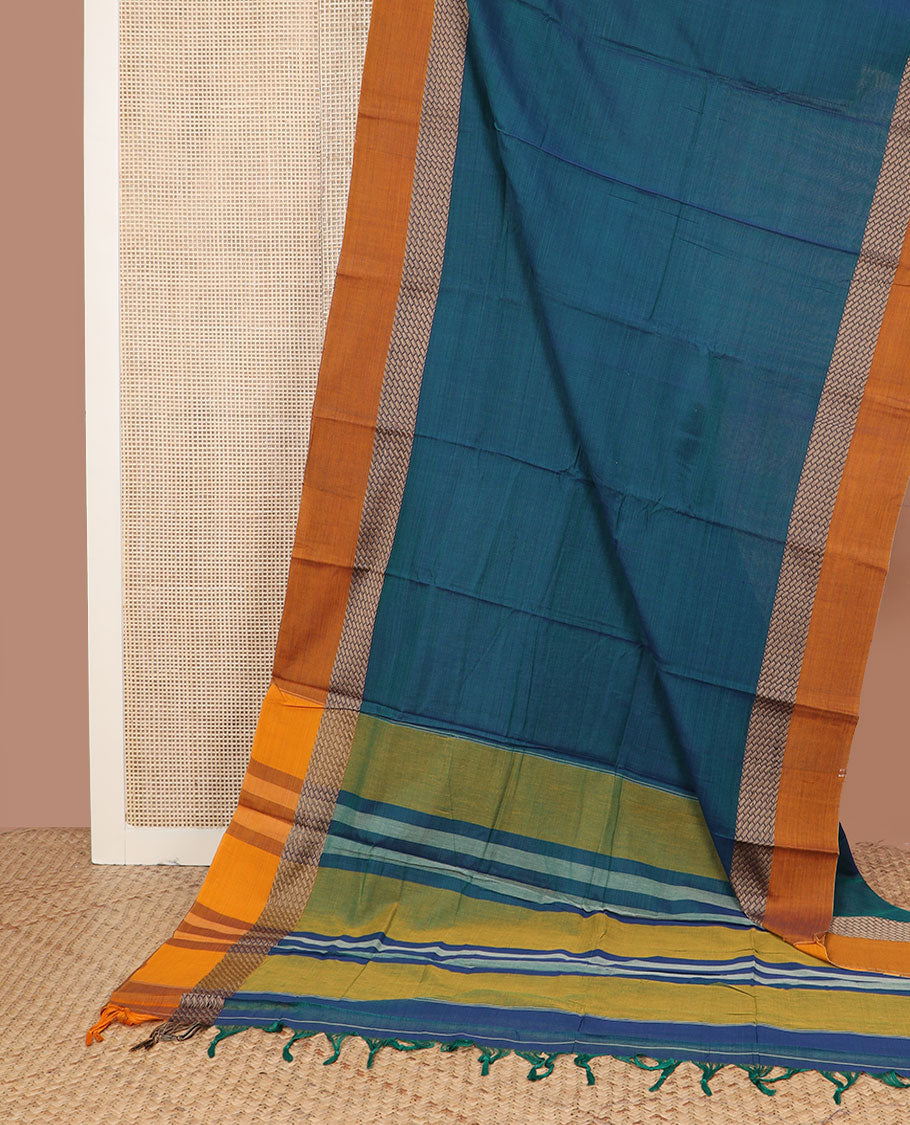 Blue plain design Narayanpet cotton saree, contrast grid design border & striped pallu