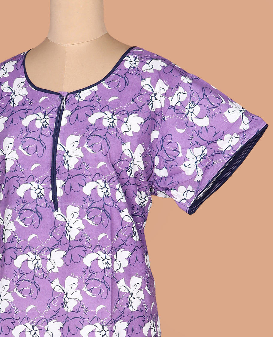 Lavender floral printed with round neck half-sleeve cotton nighty