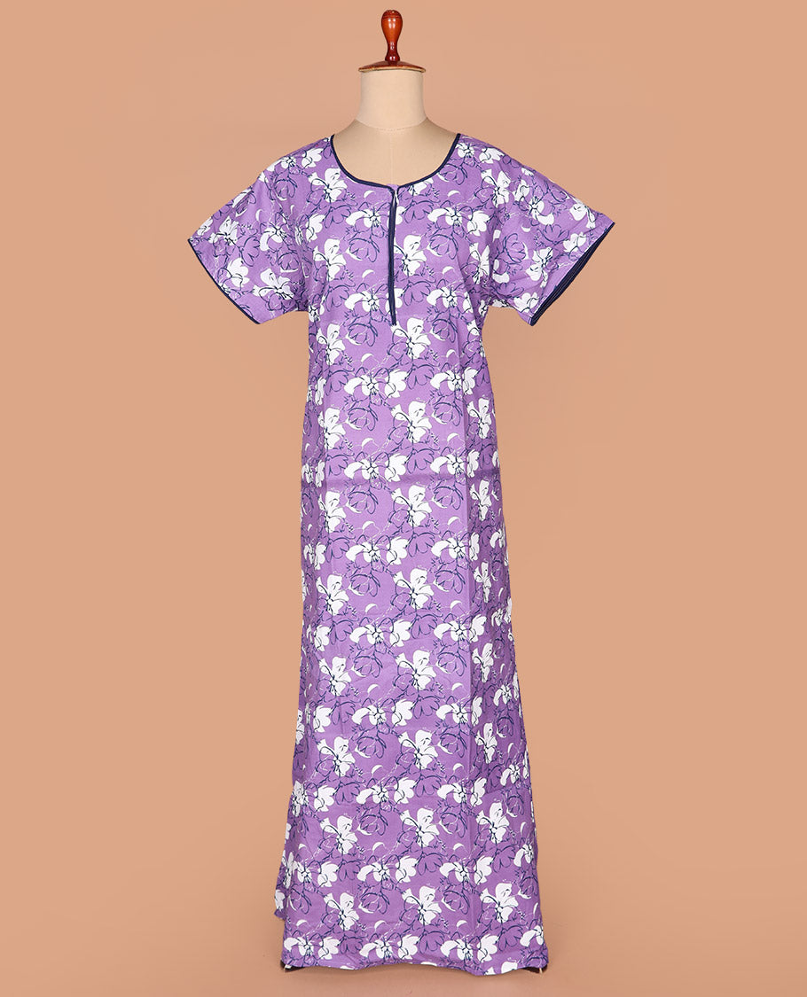 Lavender floral printed with round neck half-sleeve cotton nighty