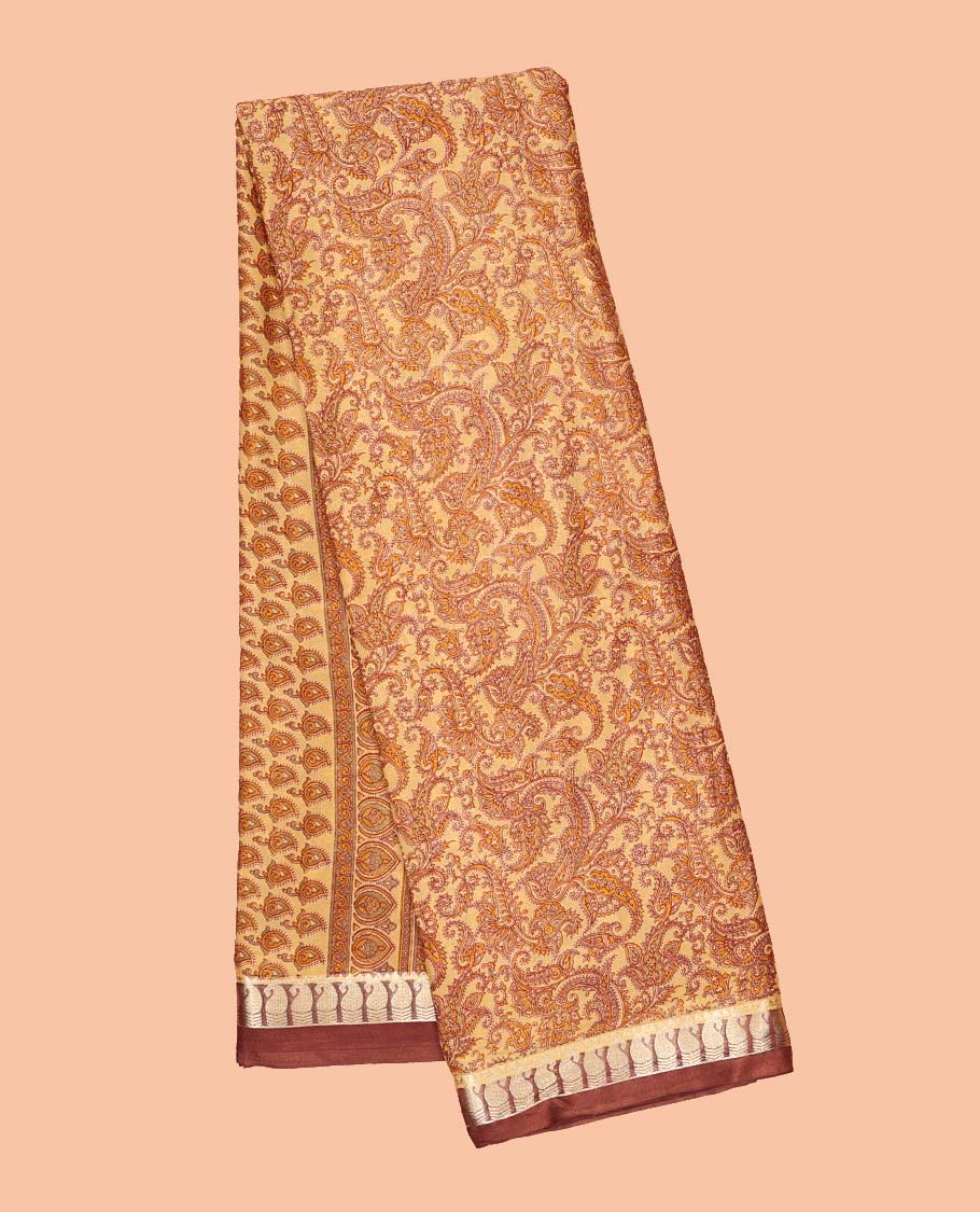 Pastel orange paisley vine semi-banaras printed saree, contrast paisley border & intricate pallu