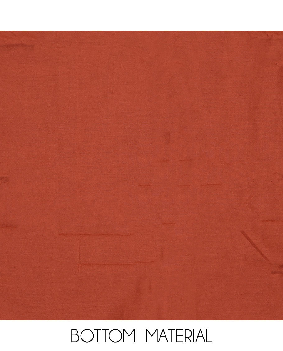 Brick color material chudidar set, leaf print with thread neck embroidered top, contrast bottom and sequins embroidered dupatta