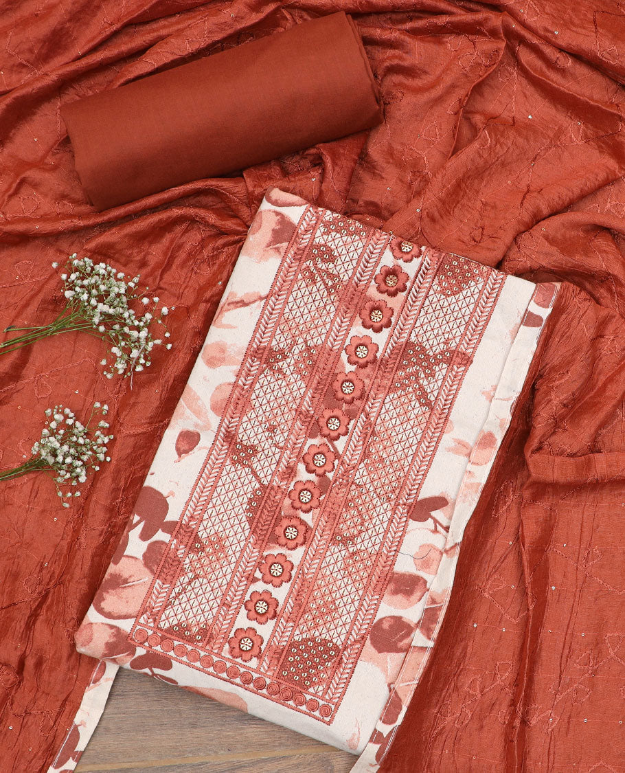 Brick color material chudidar set, leaf print with thread neck embroidered top, contrast bottom and sequins embroidered dupatta