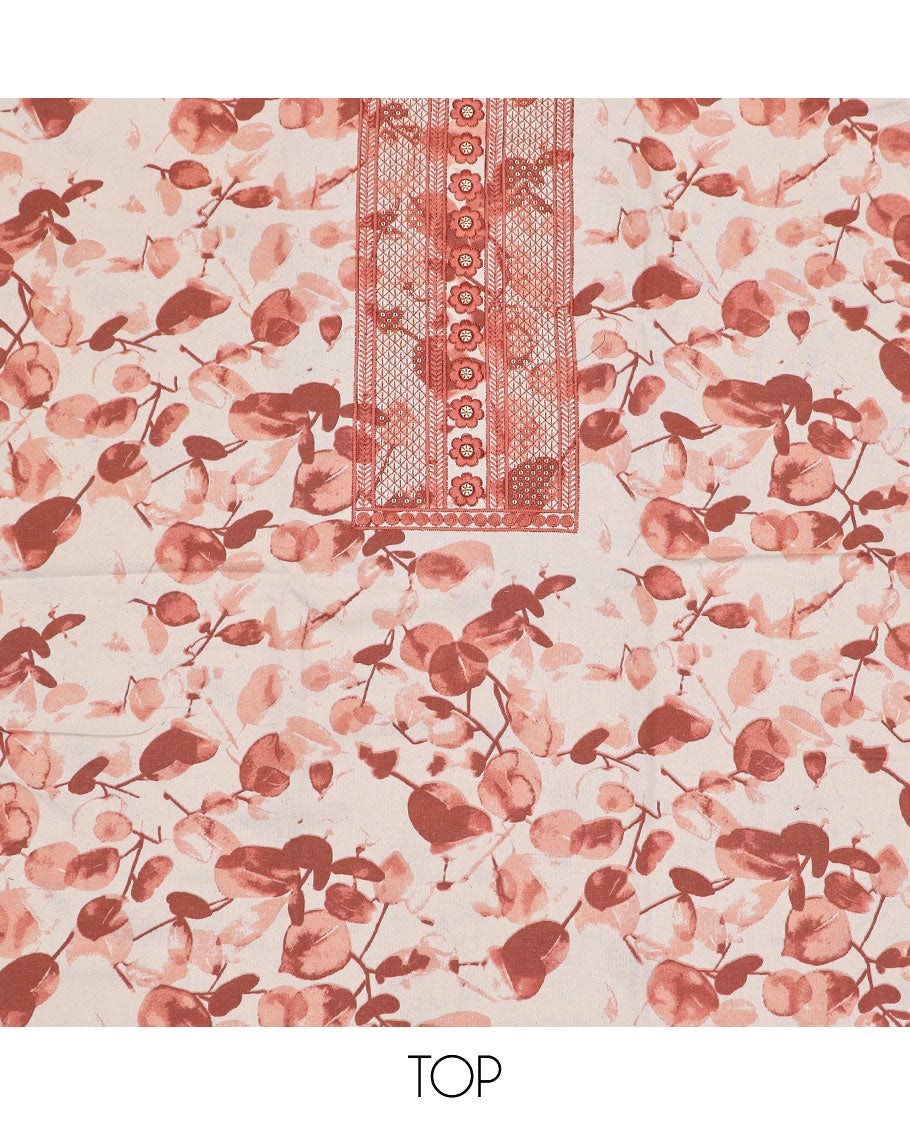 Brick color material chudidar set, leaf print with thread neck embroidered top, contrast bottom and sequins embroidered dupatta