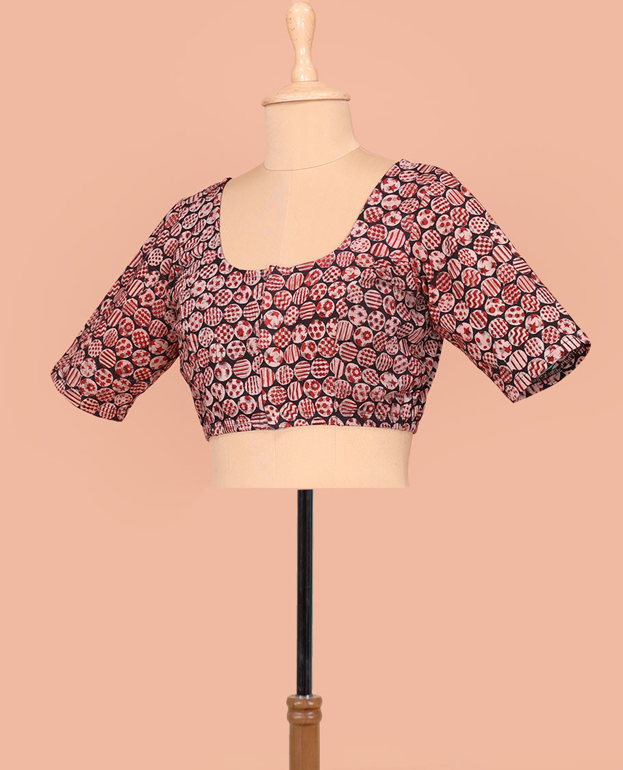 Black Cotton Readymade Blouse Embellished with All-Over Geometric Motifs Print, Featuring a Front Round-Neck, a Back Round-Neck, and Elbow Sleeves