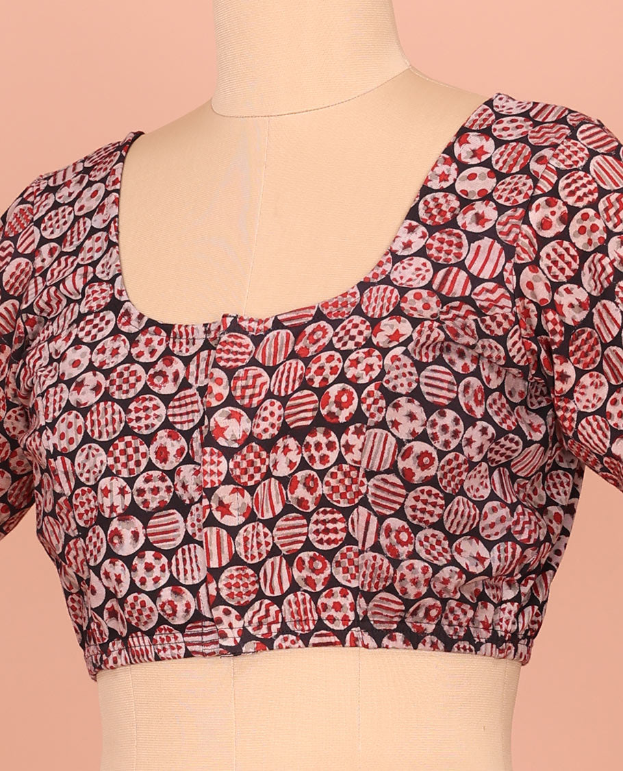 Black Cotton Readymade Blouse Embellished with All-Over Geometric Motifs Print, Featuring a Front Round-Neck, a Back Round-Neck, and Elbow Sleeves