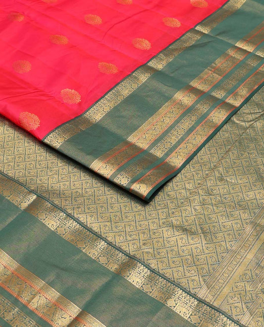 Red zari buttas Vasundhara silk mix saree, contrast rettai pettu traditional design zari border & jaal pallu